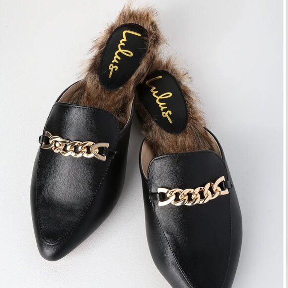 NEW Lulus Antonia 2 Black Faux Fur Loafer Slides 10 - Picture 1 of 4